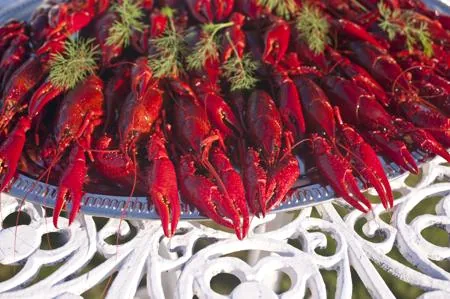 Cooked crawfish and crabs piled on a serving board, a popular delicacy in many countries