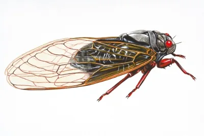 An adult cicada resting on a leaf.