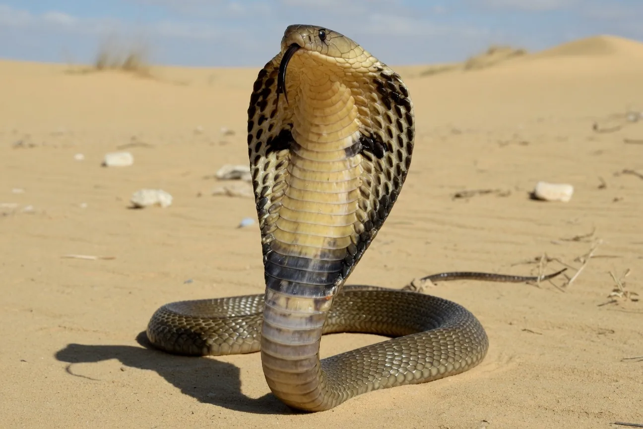 Egyptian Cobra in defensive posture, hood spread wide