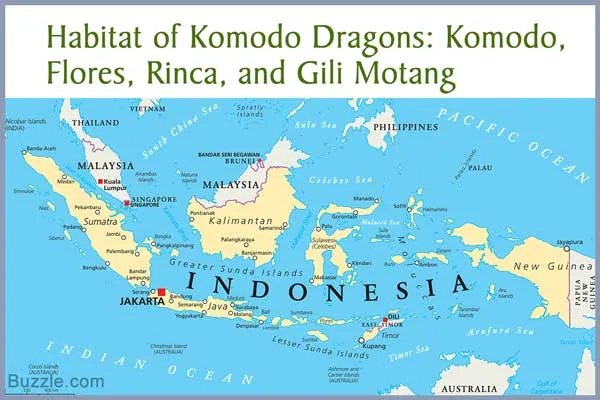 Map of Indonesia showing the habitat islands of the Komodo dragon