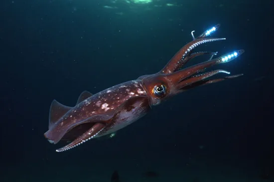 Dana octopus squid with bioluminescent tentacle tips glowing in deep water