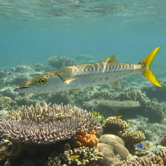 Yellowtail barracuda swimming in tropical reef water with a bright yellow tail