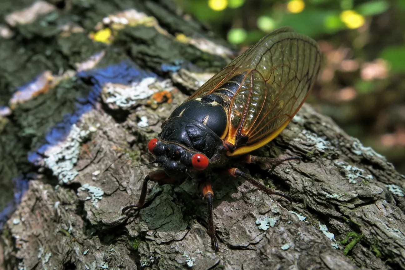 Close-up of an adult cicada on bark, with large eyes on the sides of its head and clear veined wings held over its body.