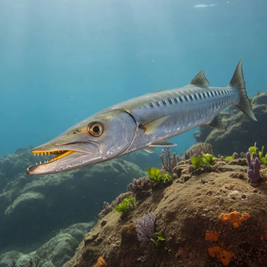Yellowmouth barracuda with a yellow-tinged mouth swimming in blue water