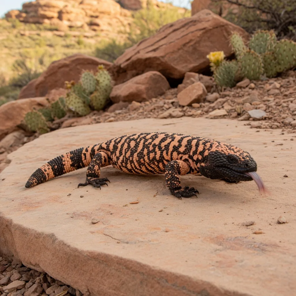 Gila monster lizard resting on sandstone rock in Arizona desert, showing fat-storing beaded orange and black body