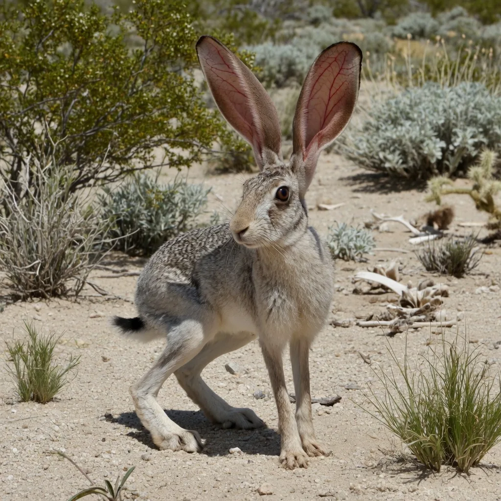 North American jackrabbit with enormous ears extended, standing on pale desert sand