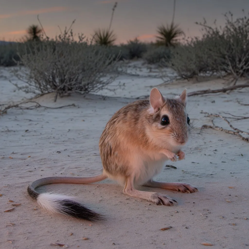 Kangaroo rat at dusk on pale desert sand, long tufted tail for balance, round eyes gleaming