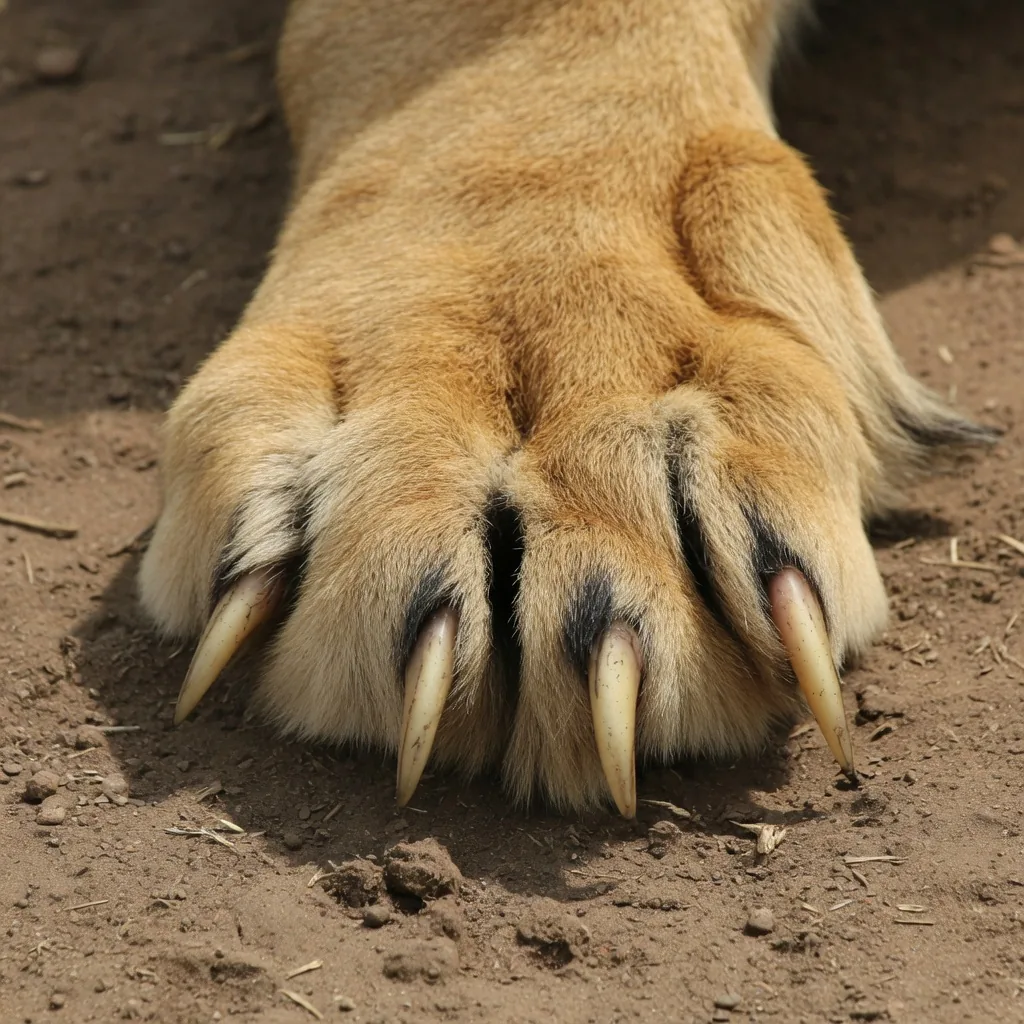 Close-up of an African lion's sharp retractable claw
