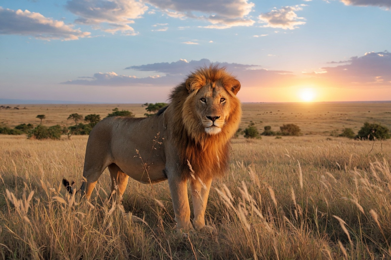 A male lion stands in tall grass on the savanna with the sun setting in the distance.