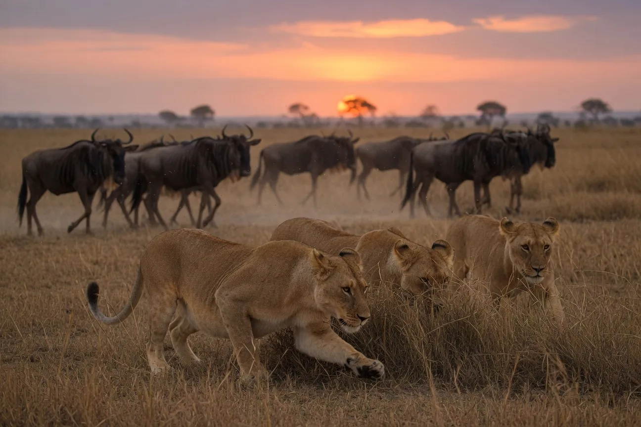 Lionesses stalking prey at dusk across the Serengeti savanna