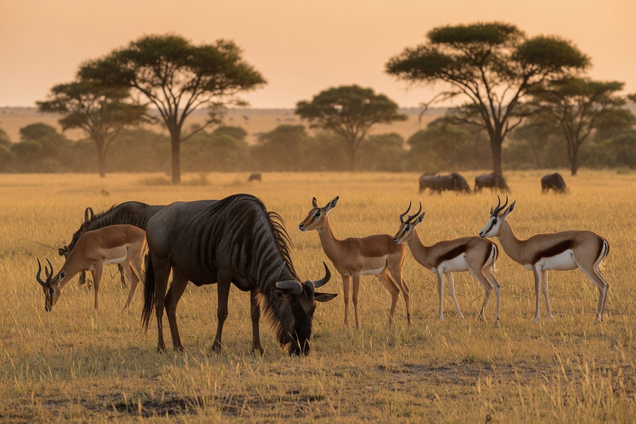 A wildebeest grazes in tall grass while springboks stand nearby in a golden African savanna with acacia trees.