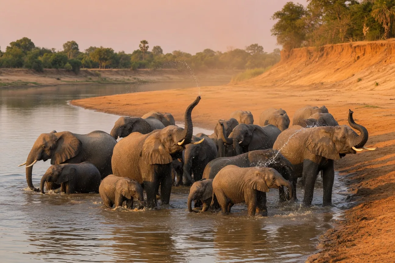African elephants wading and splashing in the Chobe River at Chobe National Park, Botswana