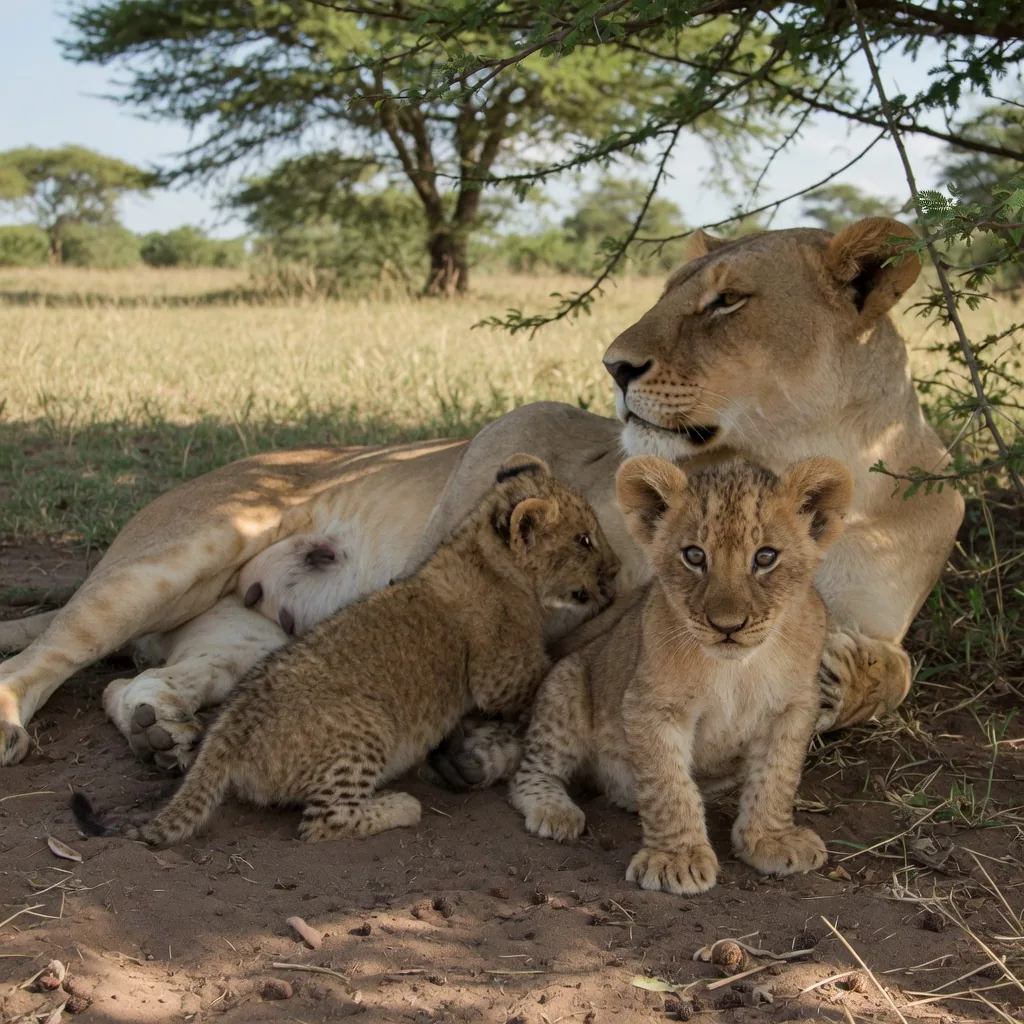 A lioness with two spotted lion cubs nestled beside her in the shade