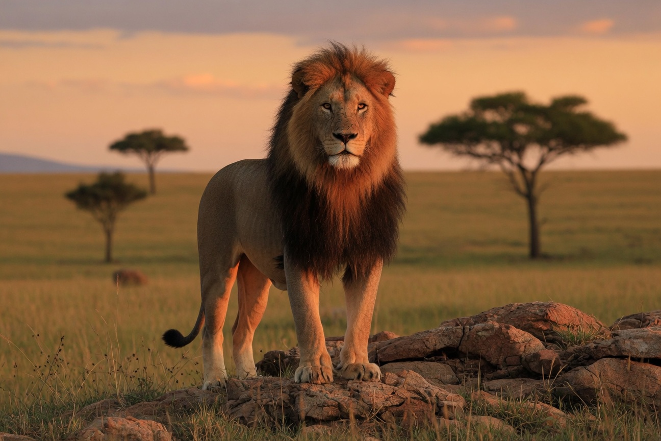 A male lion stands on rocks in a grassy savanna with acacia trees under a sunset sky.