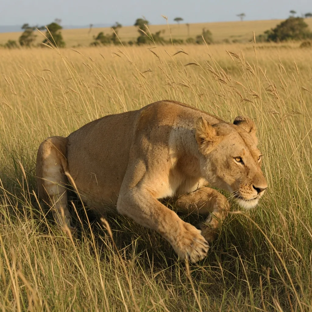 A lioness crouching low in tall grass, preparing to ambush prey