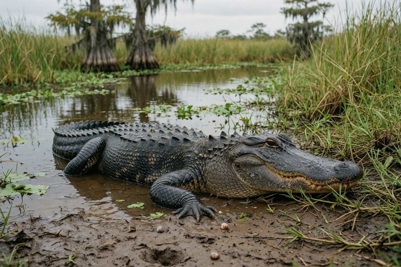 An alligator rests on a muddy bank in a swamp with cypress trees in the background.
