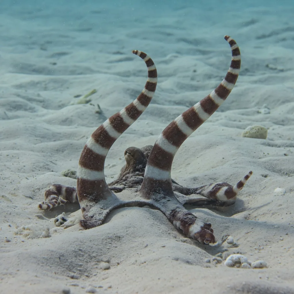 Mimic octopus with most arms buried in sand, two arms undulating above the seafloor to mimic a banded sea snake