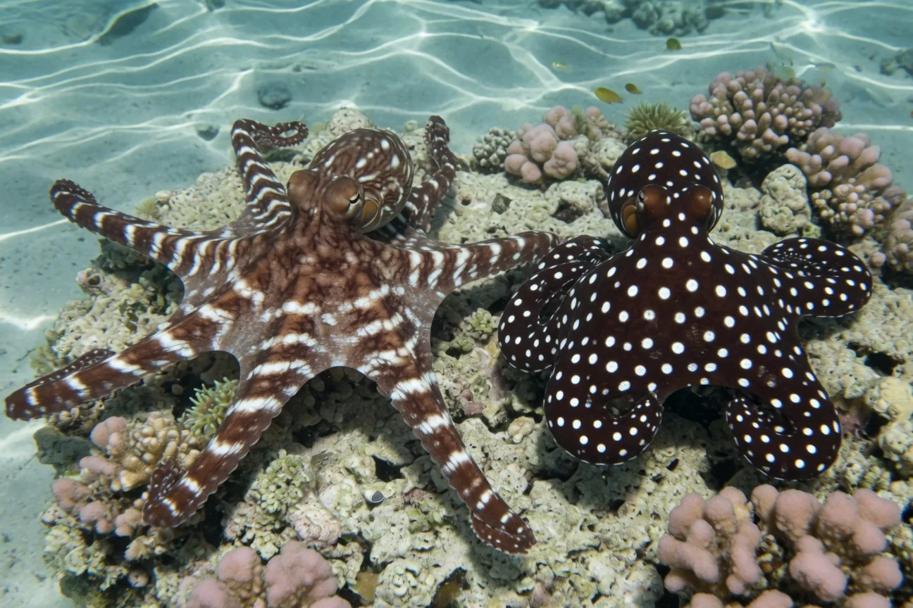 Side-by-side comparison of mimic octopus and wonderpus octopus markings
