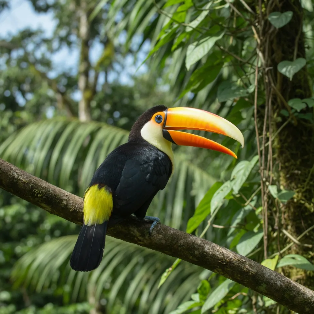 A toucan and scarlet macaw perched together in Amazon rainforest treetops