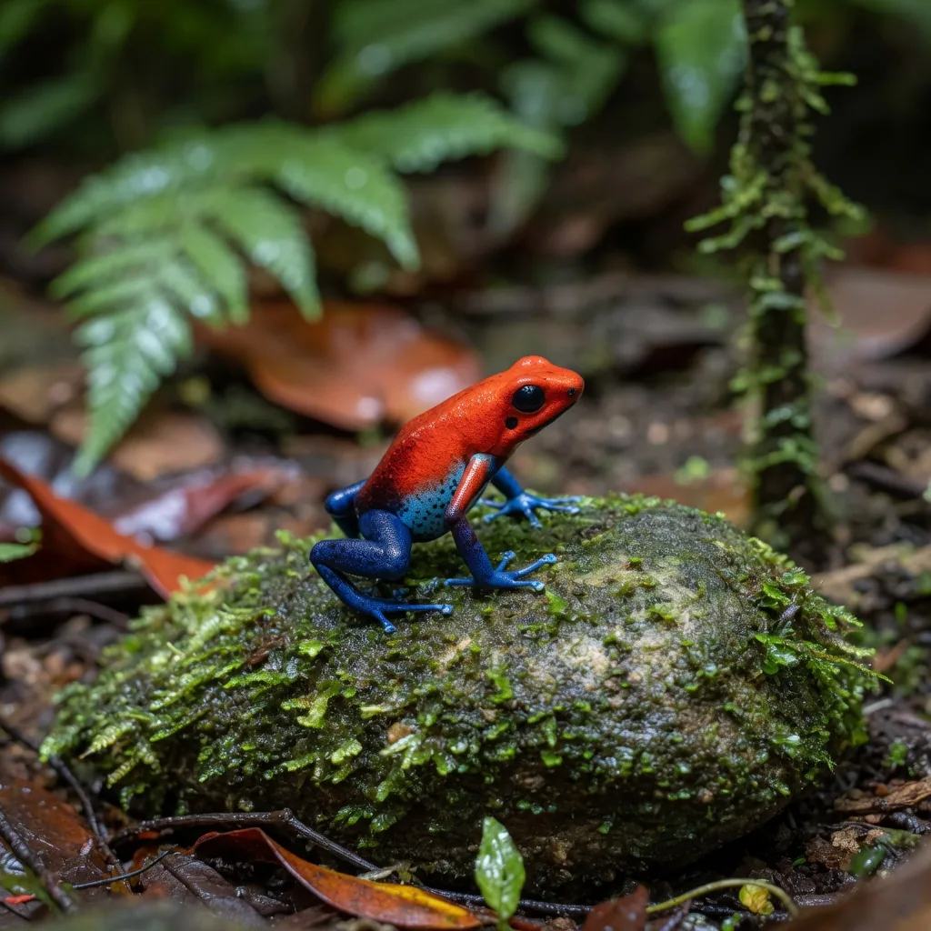 A brilliant red-and-blue poison dart frog on a mossy rock on the Amazon forest floor