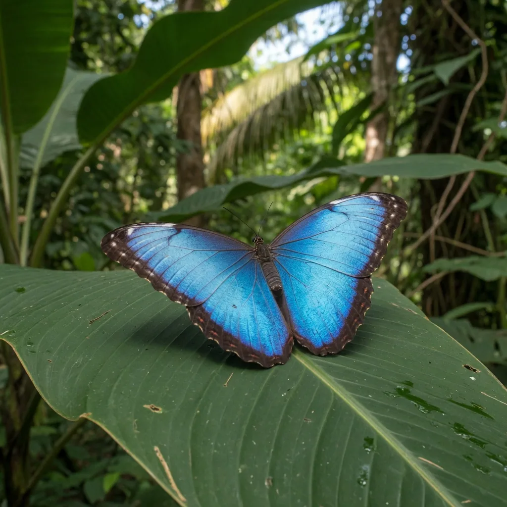 A Blue Morpho butterfly with iridescent electric-blue wings resting on a tropical leaf in the Amazon rainforest