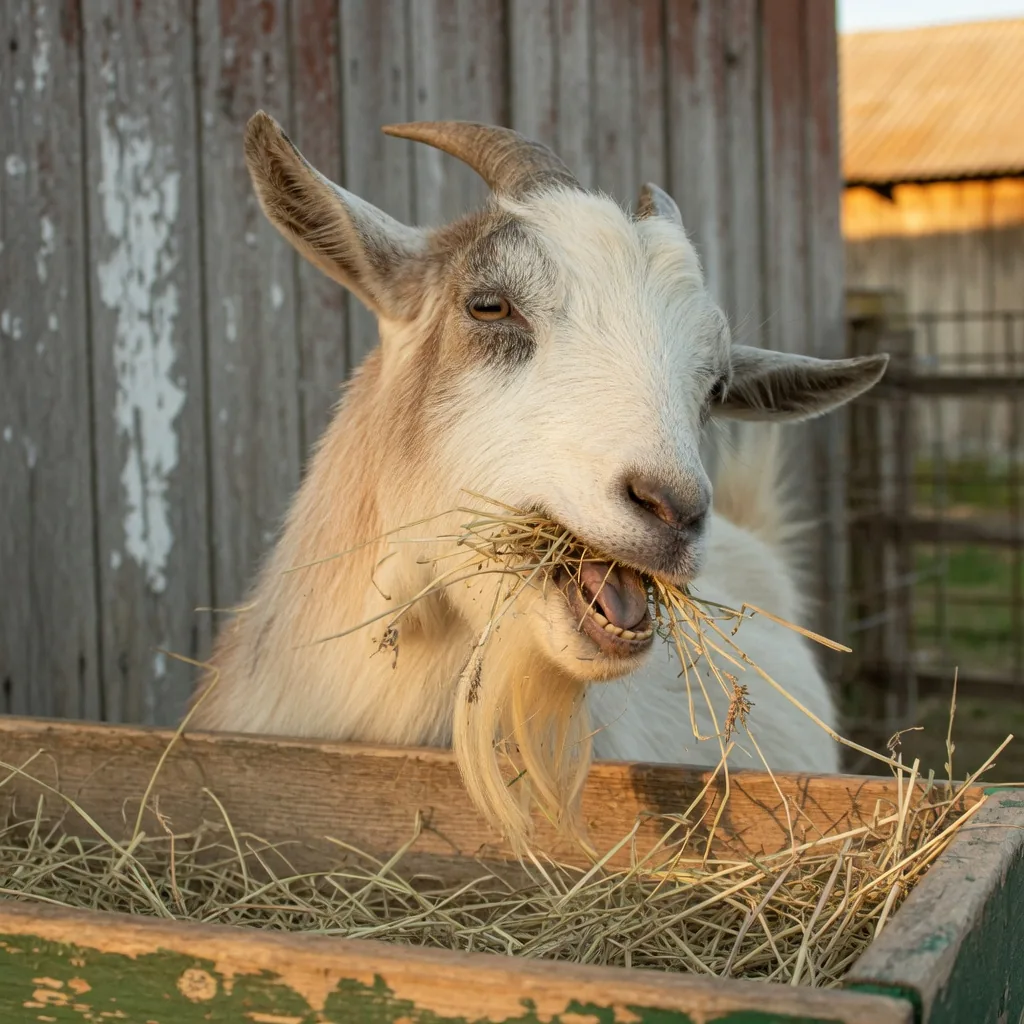 A goat eating hay from a wooden trough, diet is the main factor in preventing urinary calculi.