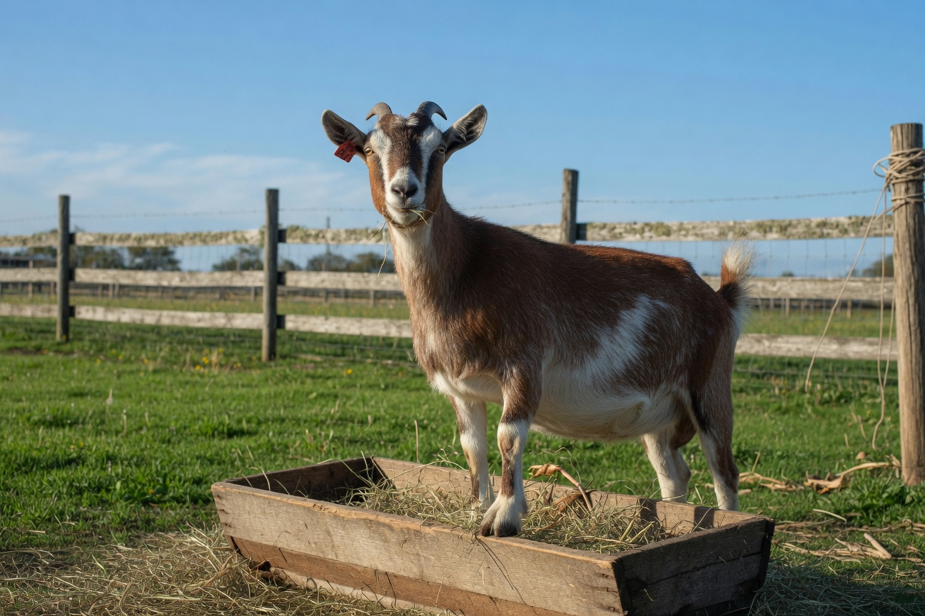 A brown and white goat stands in a grassy field next to a wooden trough filled with hay.