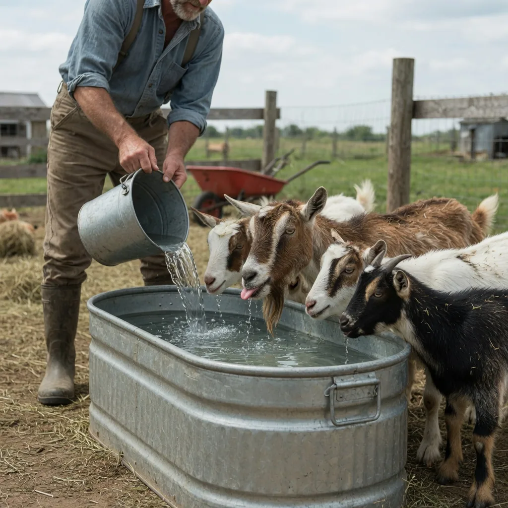 A farmer ensuring goats have access to clean, fresh water, an important step in preventing urinary calculi.