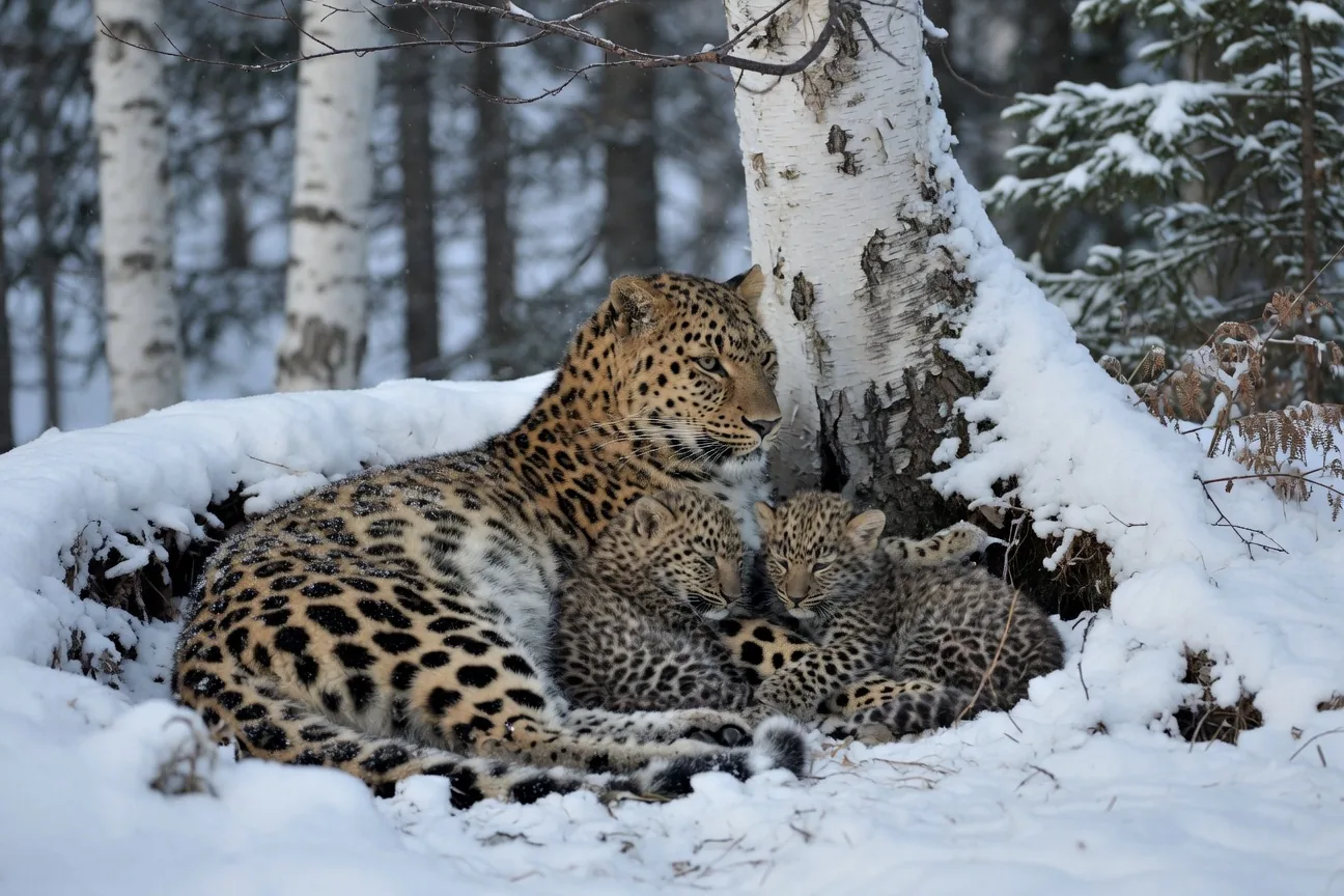 Amur leopard mother with young cubs in a snowy forest den