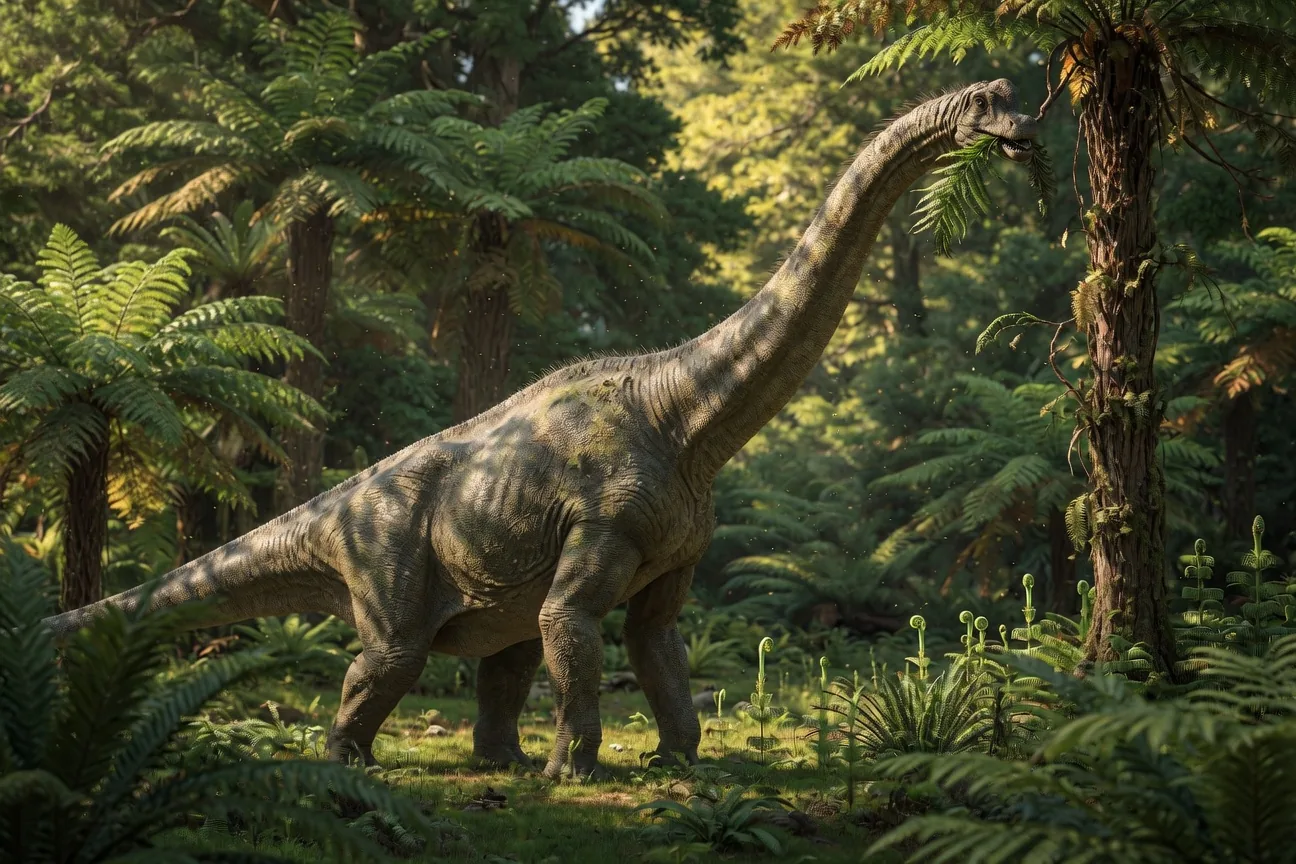 Brachiosaurus altithorax, one of the heaviest sauropod dinosaurs, with longer front legs than back legs giving it a giraffe-like upward slant