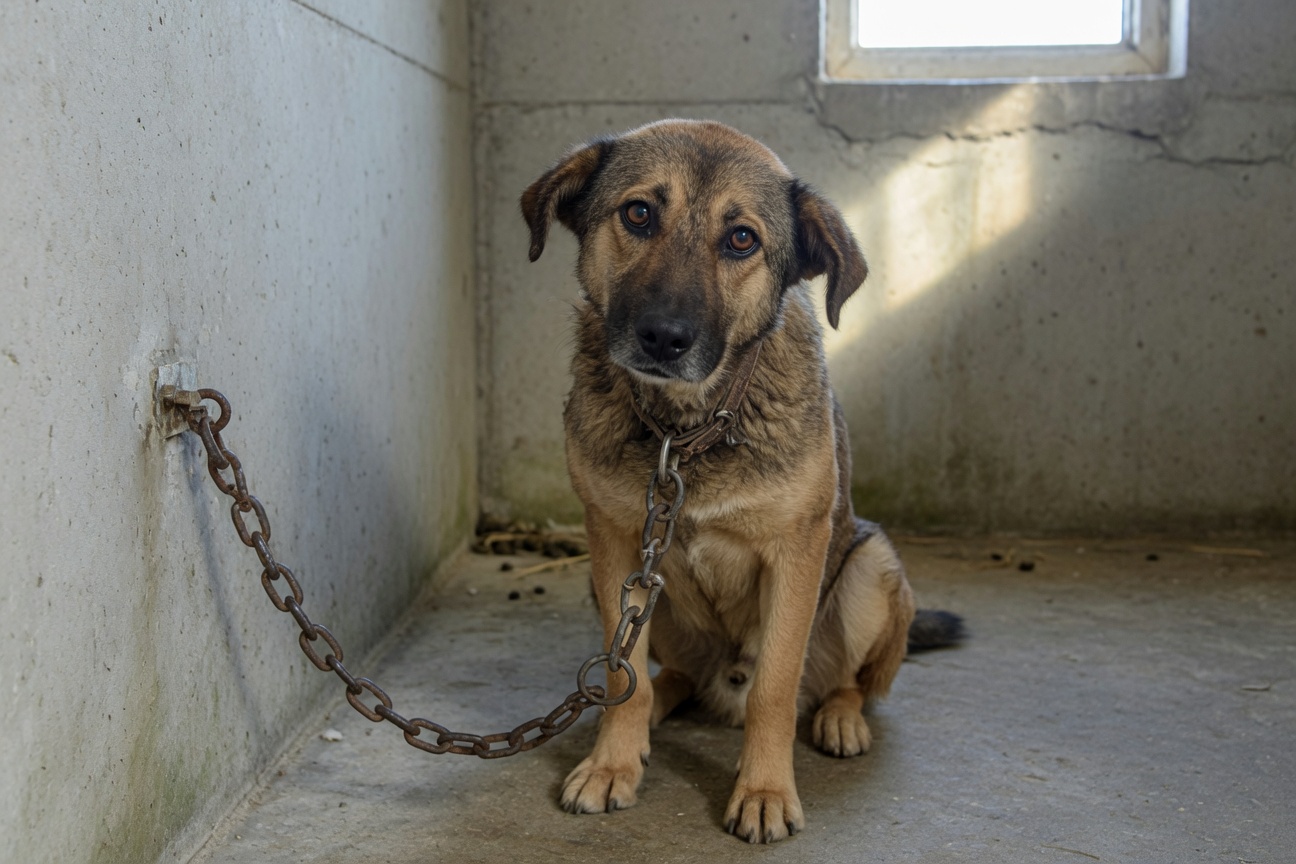 A brown and tan dog sits on a concrete floor tethered by a rusty chain to a wall near a high window.