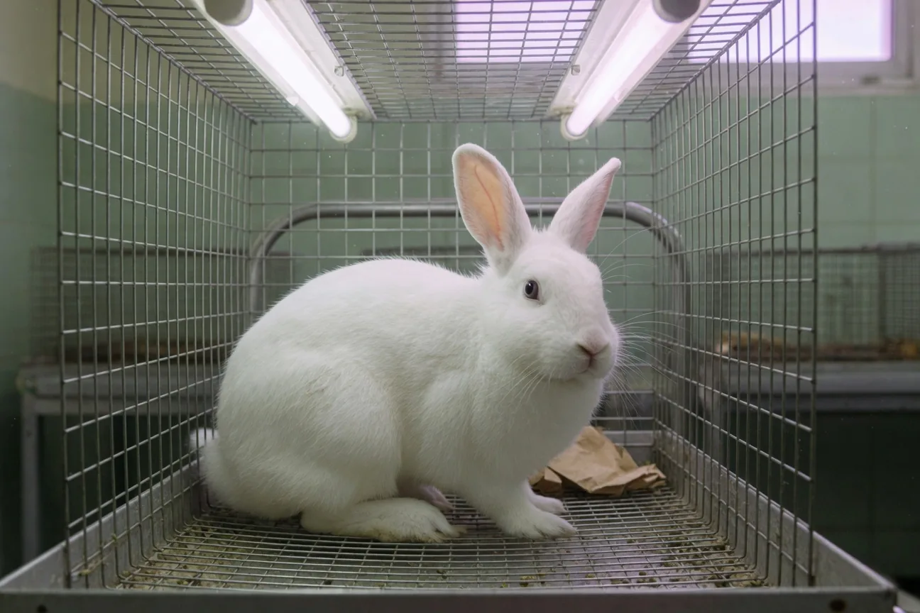 A white laboratory rabbit in a small cage