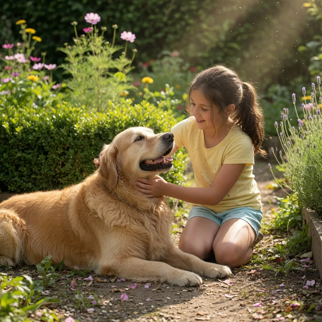 A smiling child kneeling to gently pet a golden retriever dog in a sunny garden, the dog looking up happily.