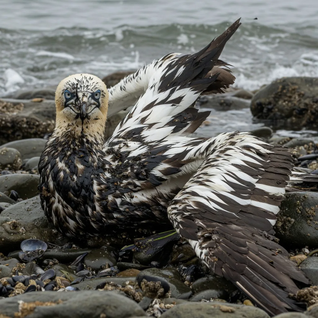 An oil-covered seabird on a rocky shoreline, wings spread helplessly, feathers matted black from an oil spill.