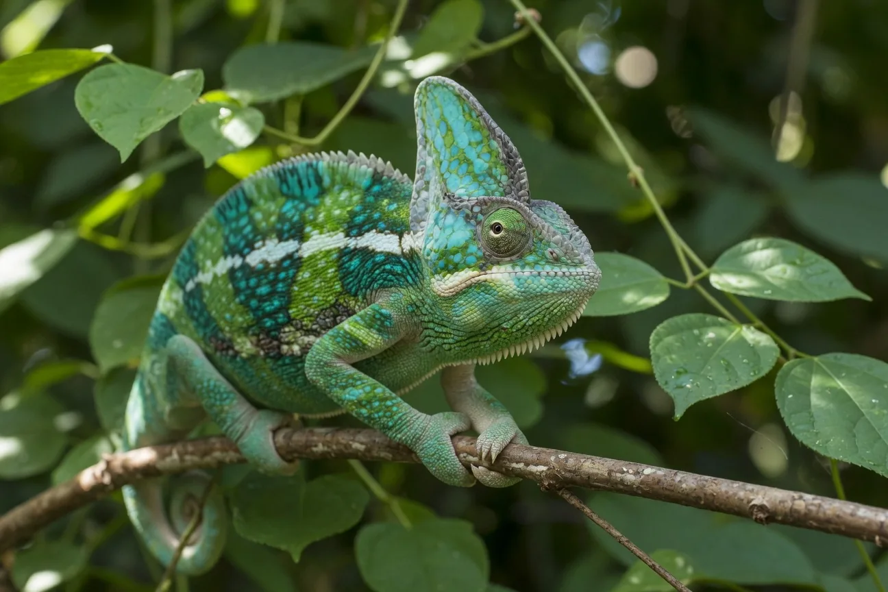 A veiled chameleon mid-color-change, one half brown and one half vivid turquoise-green, the ultimate camouflage adaptation