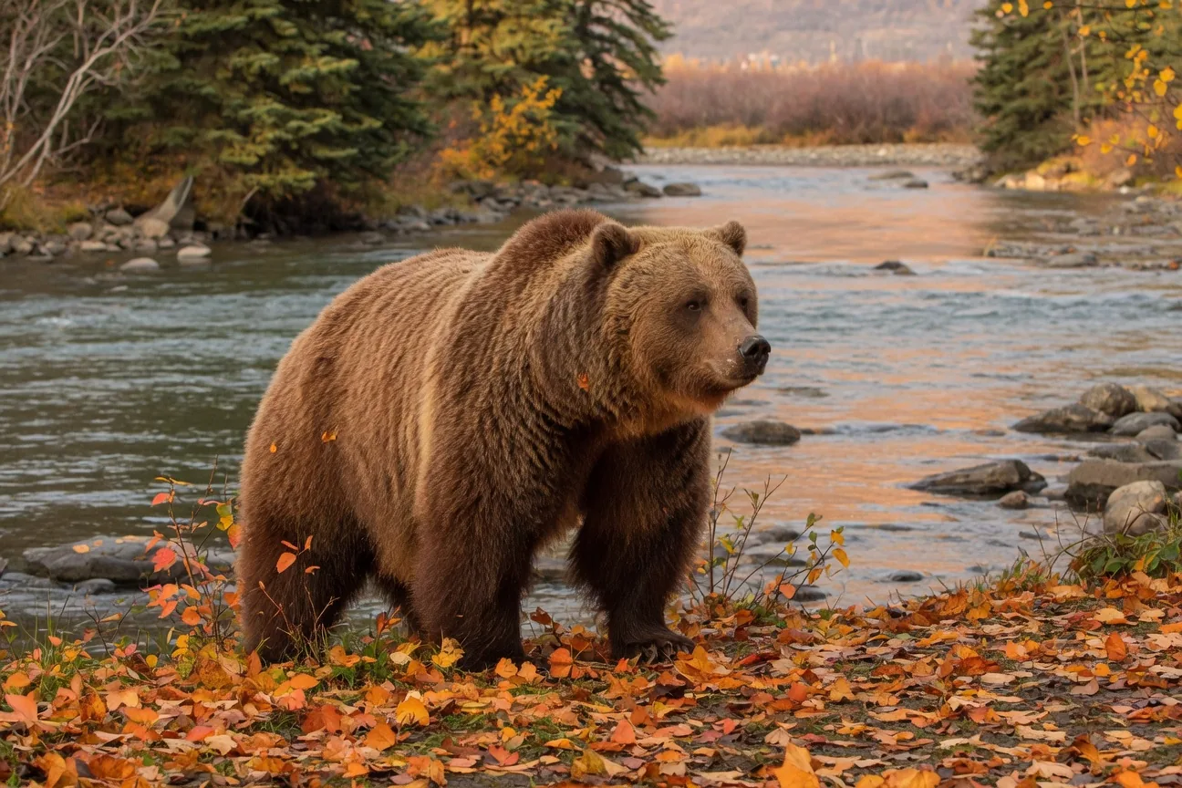 A fat grizzly bear in autumn forest, bulked up with stored fat reserves before entering its winter hibernation