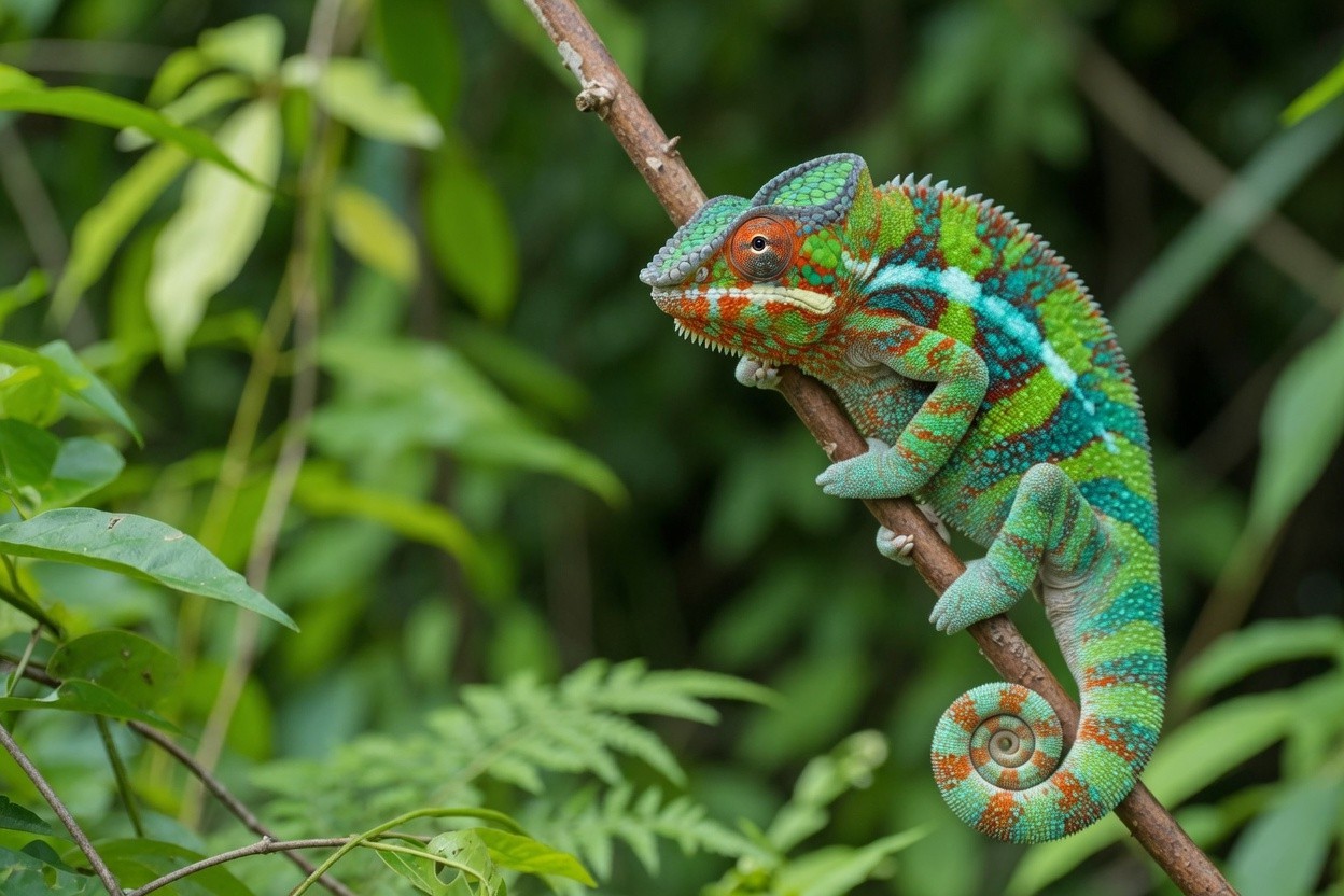 A vibrant chameleon with green, blue, and orange scales clings to a branch amidst lush green foliage.