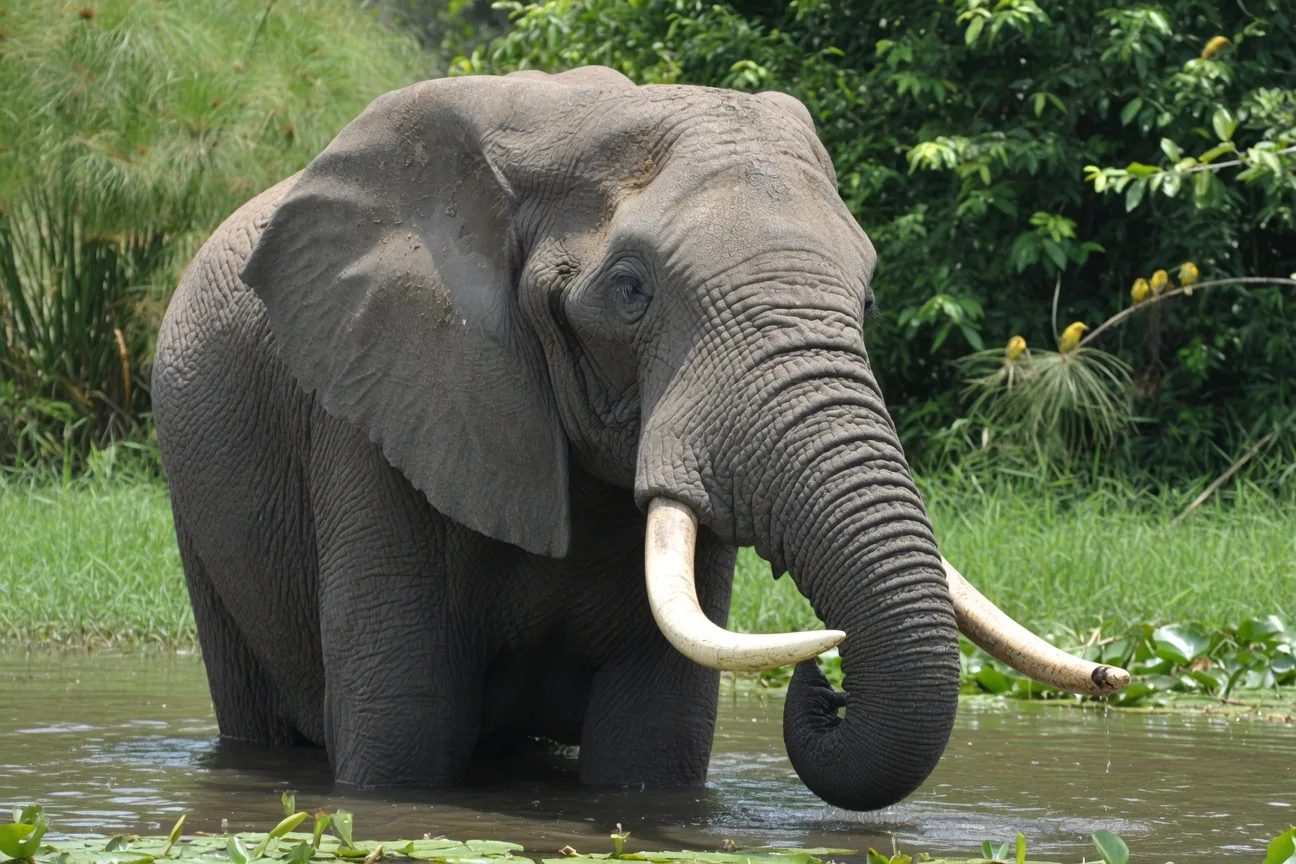 A free African elephant at a watering hole, a contrast to the suffering of circus elephants described in this article.