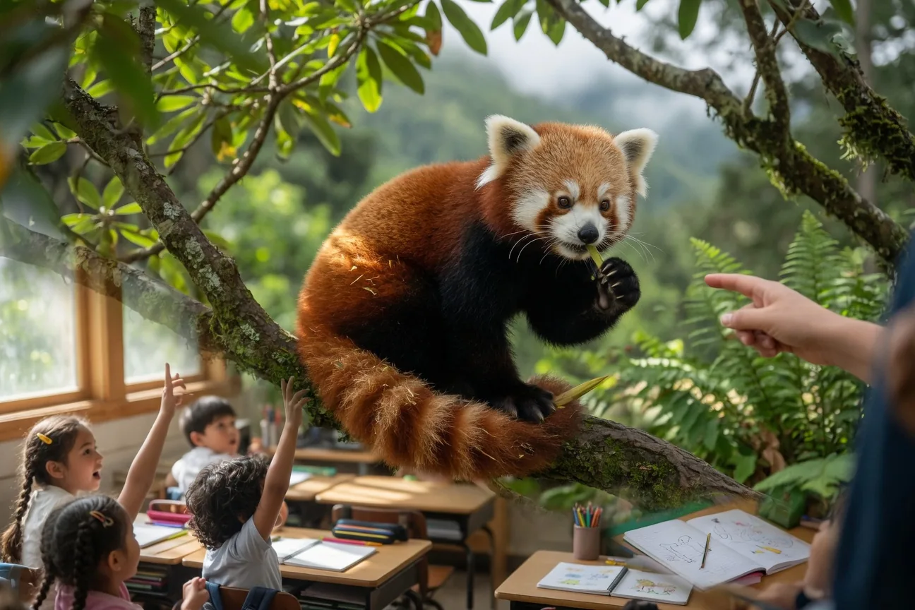 Children in a classroom learning about animal rights from a teacher, raising their hands enthusiastically.
