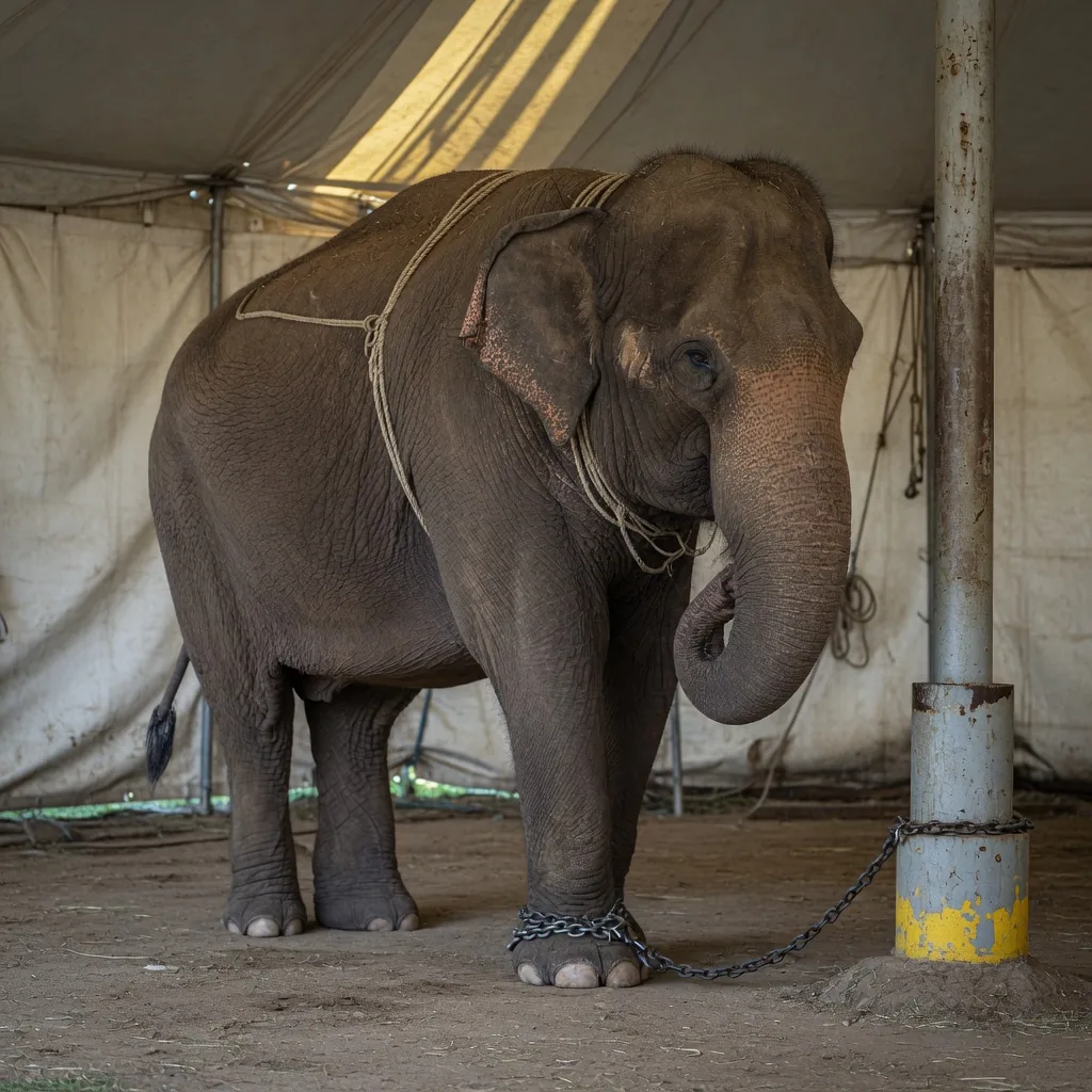 A chained elephant in a cramped circus enclosure, looking exhausted, representing the suffering of animals used for entertainment.
