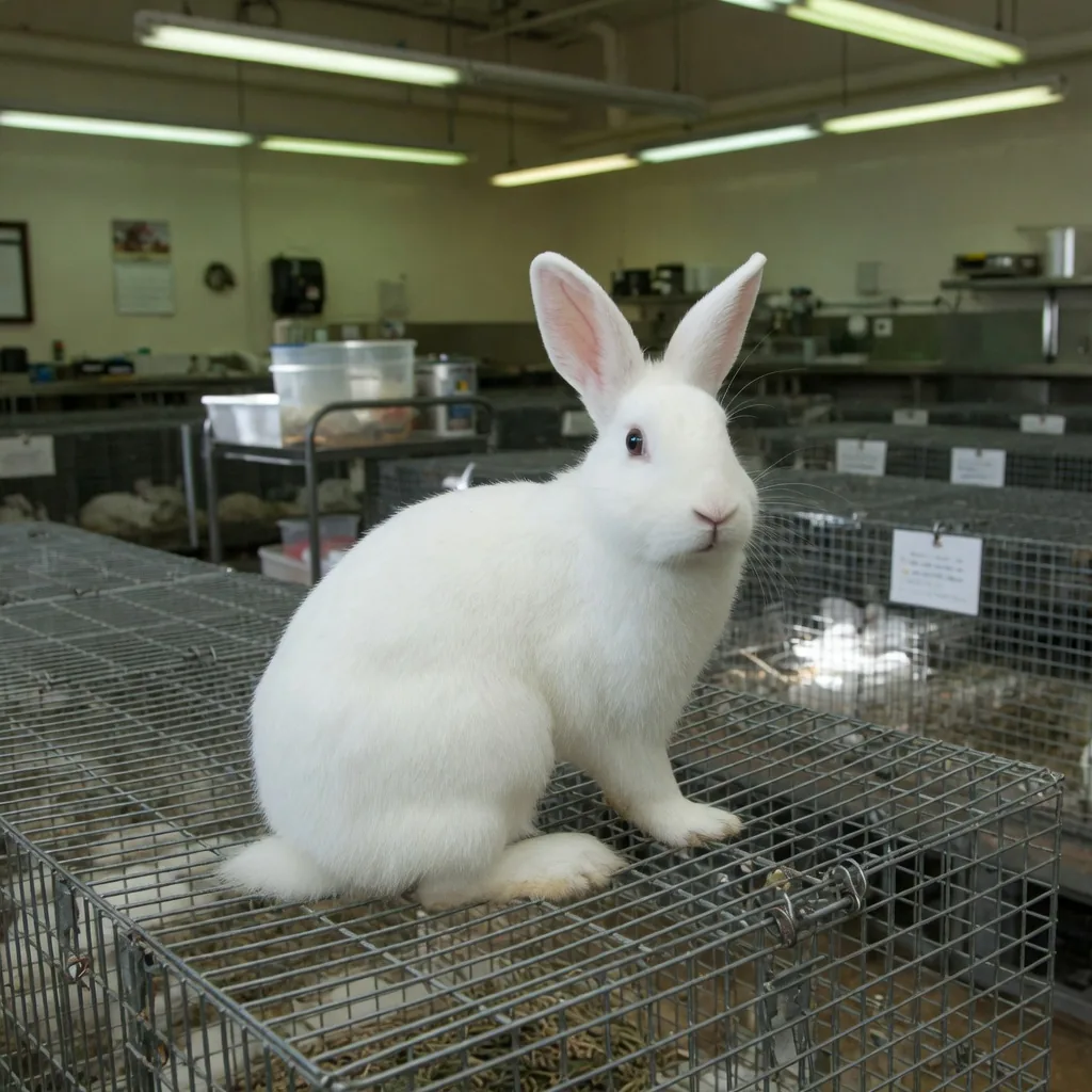 A white laboratory rabbit being gently examined by a scientist in gloves, representing the ethical debate around animal testing.
