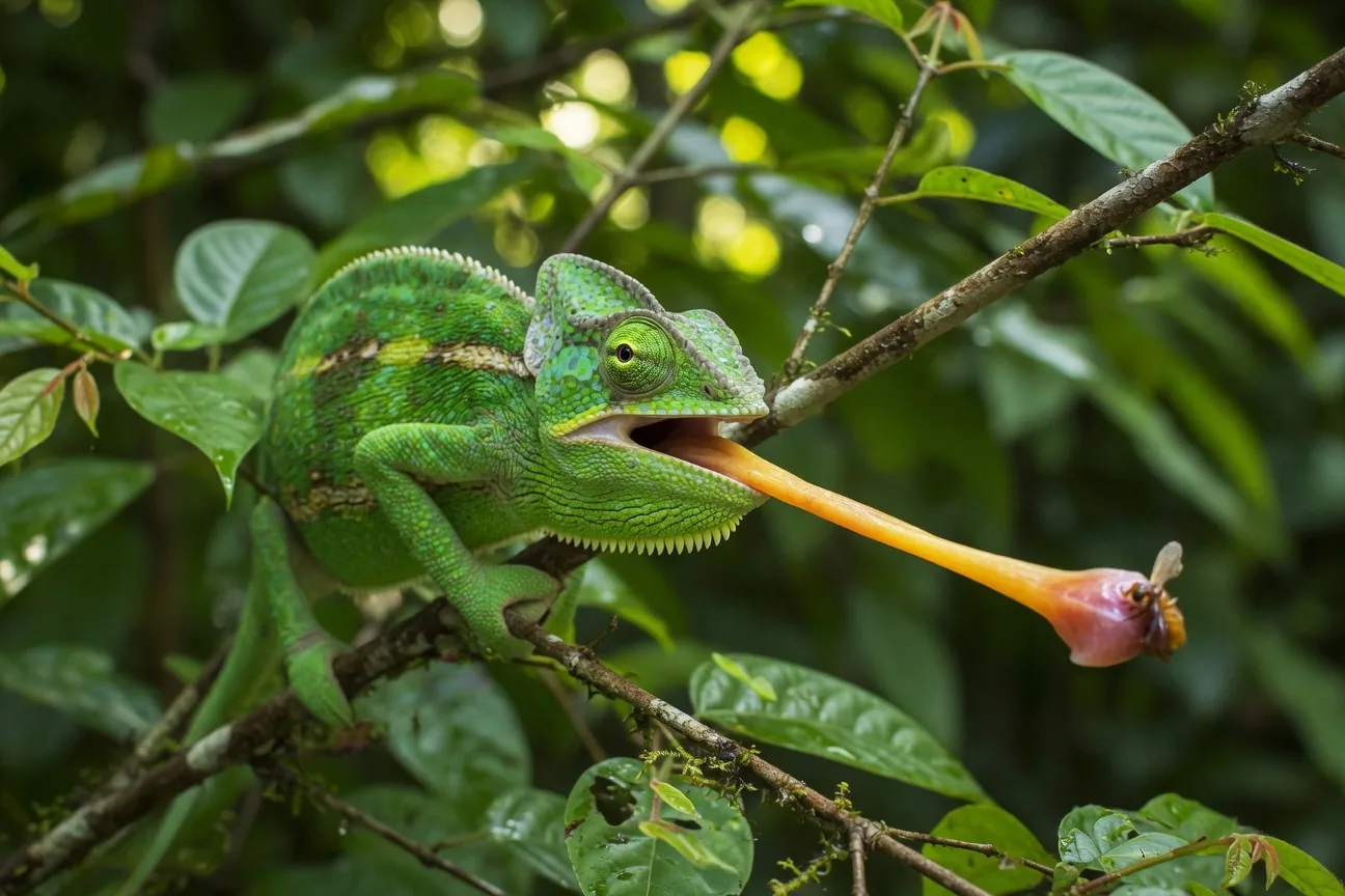 A chameleon with its extended tongue, showing how it reaches as long as its whole body