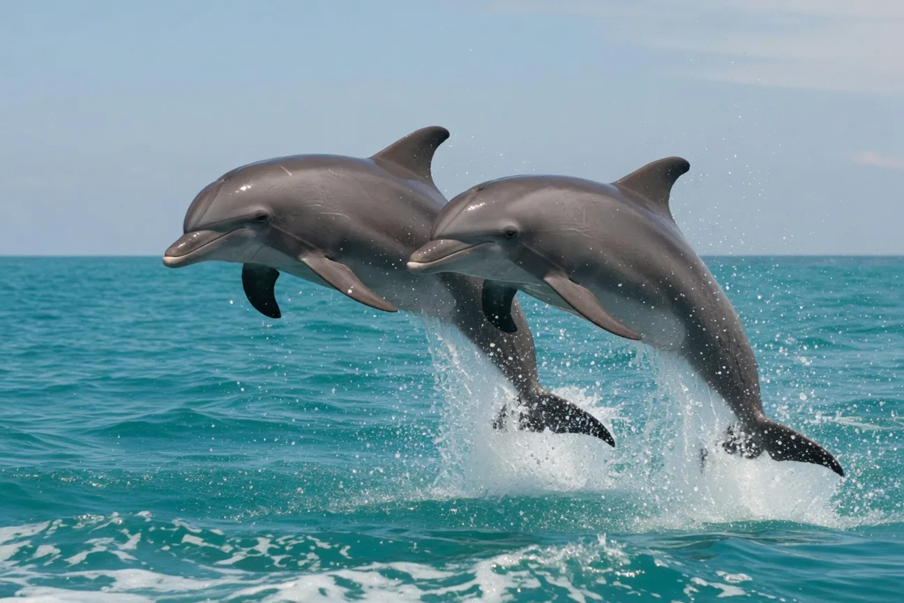 Two bottlenose dolphins leaping out of the ocean