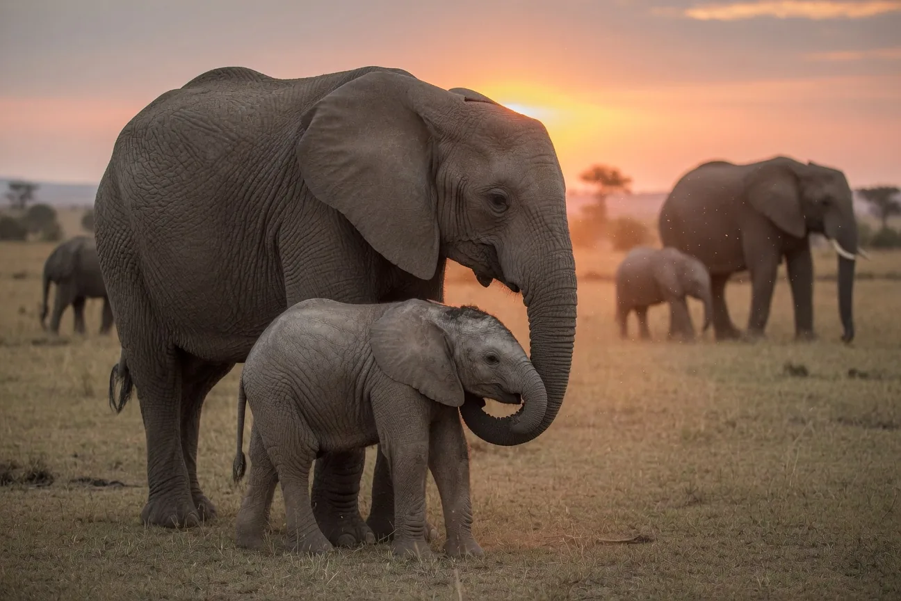 An African elephant mother with her newborn calf on the savanna at sunset