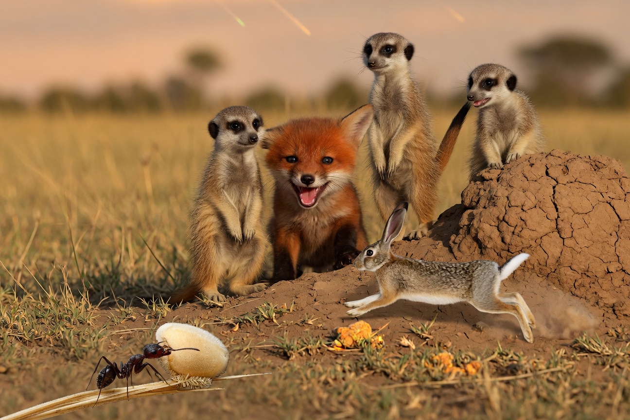 Three meerkats, a fox, and a rabbit stand on a dirt mound in a grassy field while a large ant carries a seed in the foreground.