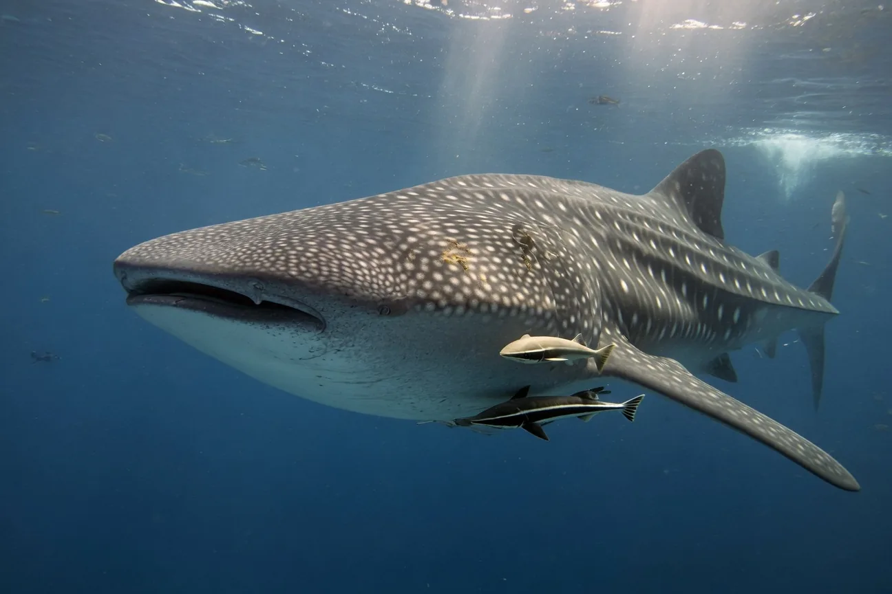 A whale shark gliding through deep blue ocean water