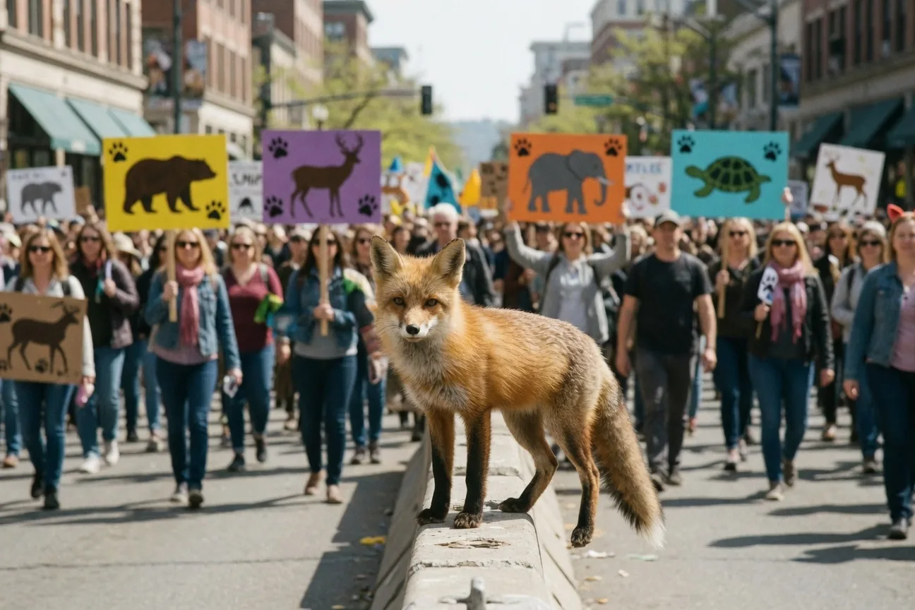 People marching peacefully in an animal rights rally, holding colorful signs with paw prints and animal silhouettes.