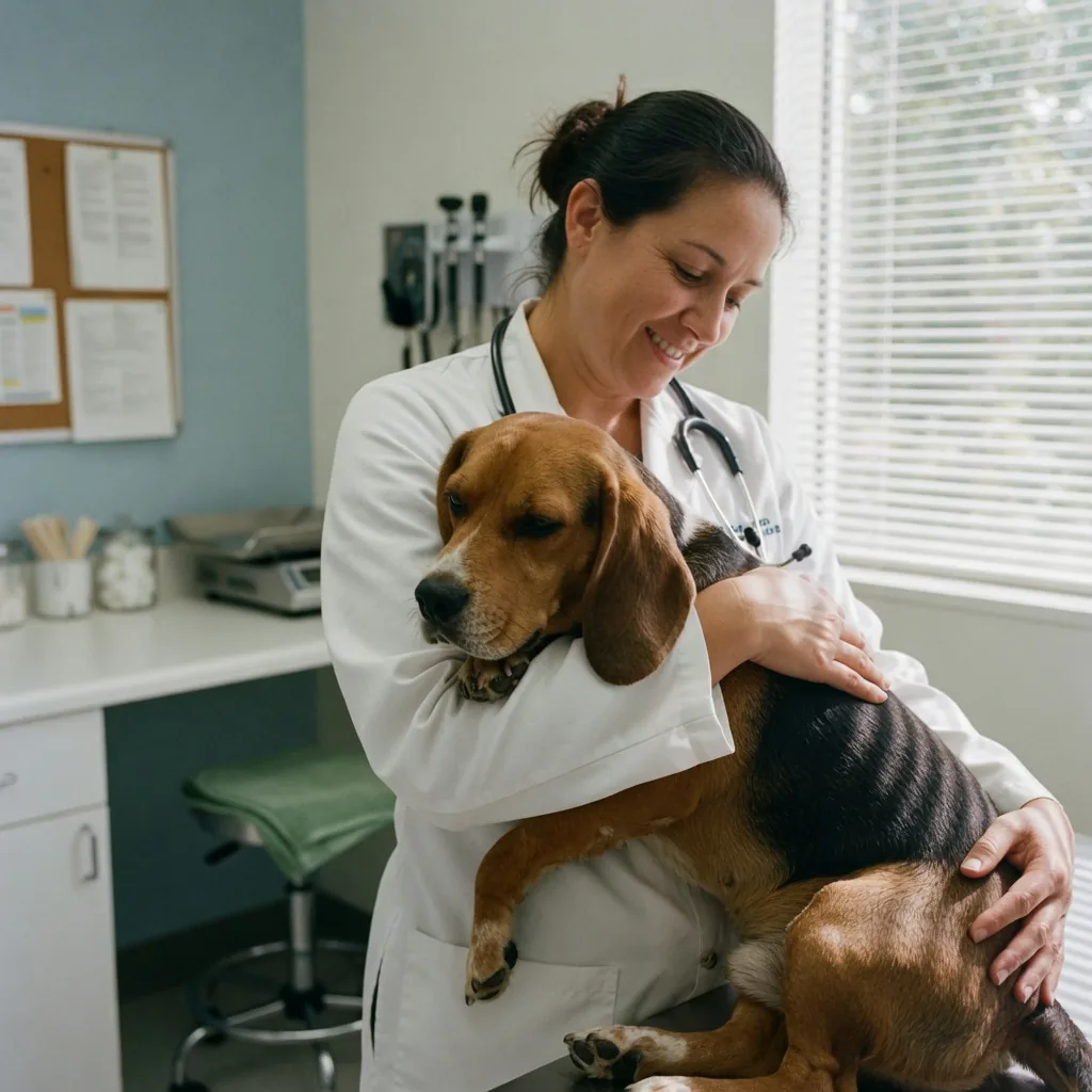 A scientist gently examining a beagle dog in a bright, modern veterinary clinic, representing ethical animal welfare standards.