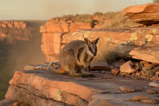Nabarlek, a tiny rock-wallaby, among red rocks