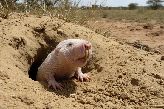 Naked mole-rat in a sandy burrow